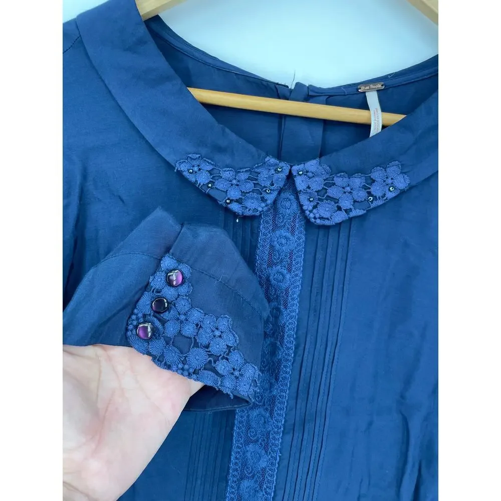 Free People Womans Navy Blue Long Sleeve Cottage Core Lace Button Blouse Large